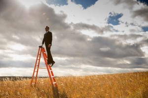 Businessman standing on step ladder in field